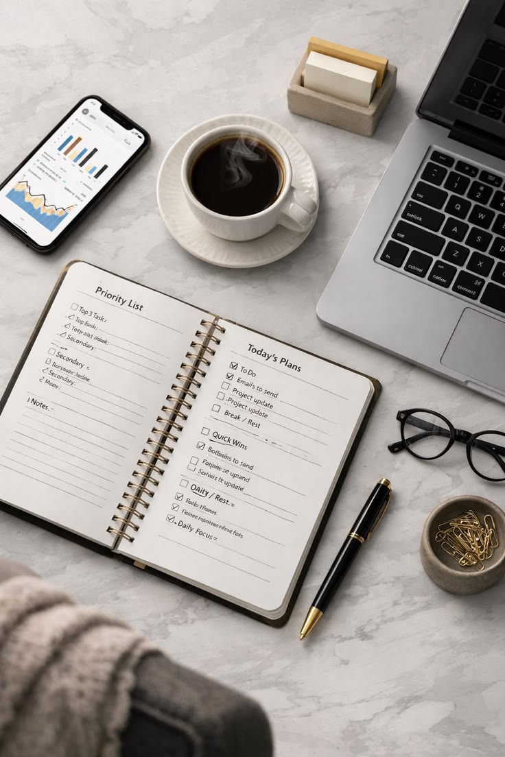 Organised desk with movement planner notebook and activity cards